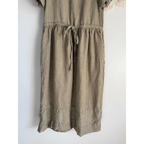100% Linen Pinstripe Green Puff Sleeve Gathered Midi Shirtdress Coastal Beachy S - Picture 8 of 9